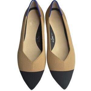 Rothys The High Point Wren Cap Toe Knit Shoes 7 Tan Black Pointed Toe Low Heel